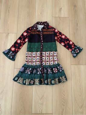 Vintage Porter Boho Patchwork Floral Maxi Dress Size 8 Y2K Folk Art Bell Sleeve